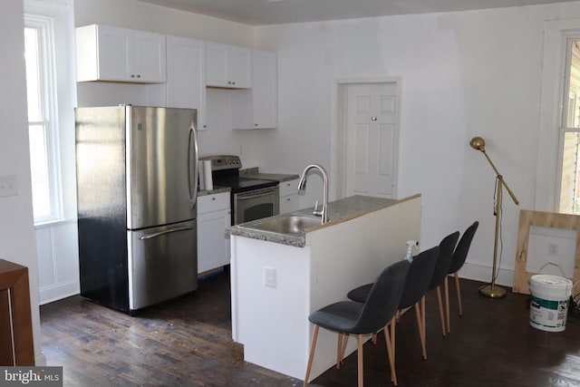 kitchen featuring white cabinets, appliances with stainless steel finishes, dark hardwood / wood-style flooring, and sink