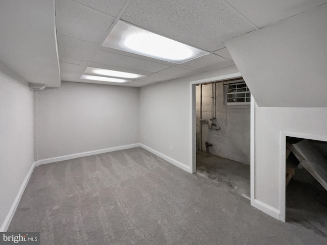 basement featuring a paneled ceiling and carpet floors