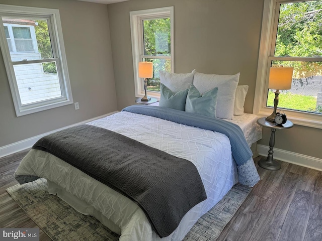 bedroom featuring dark hardwood / wood-style floors and multiple windows