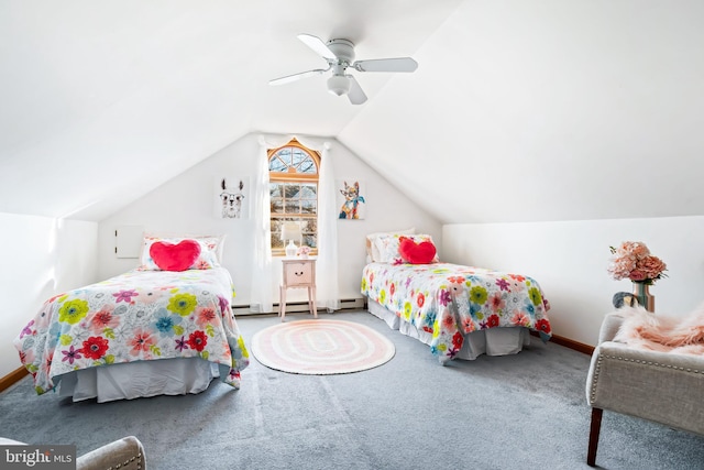 bedroom with carpet flooring, ceiling fan, and lofted ceiling