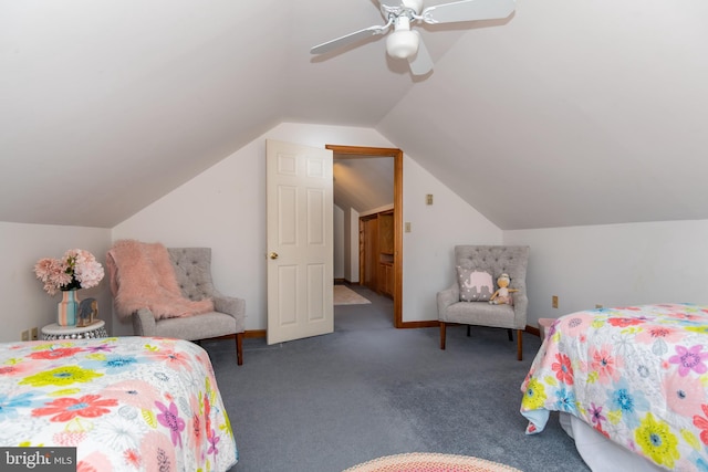 carpeted bedroom with vaulted ceiling and ceiling fan