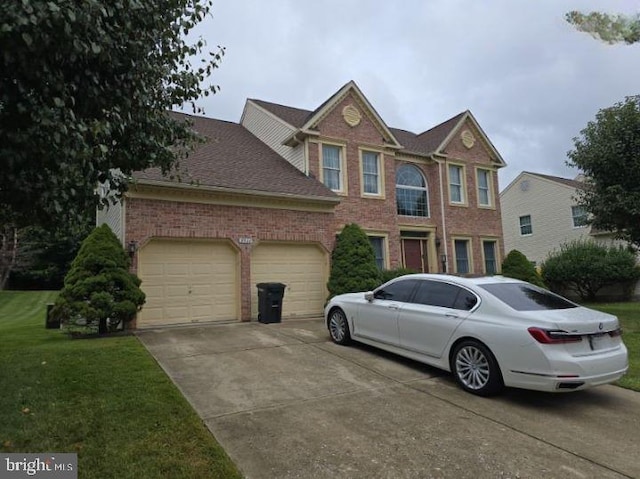 view of front of property featuring concrete driveway, a front lawn, an attached garage, and brick siding