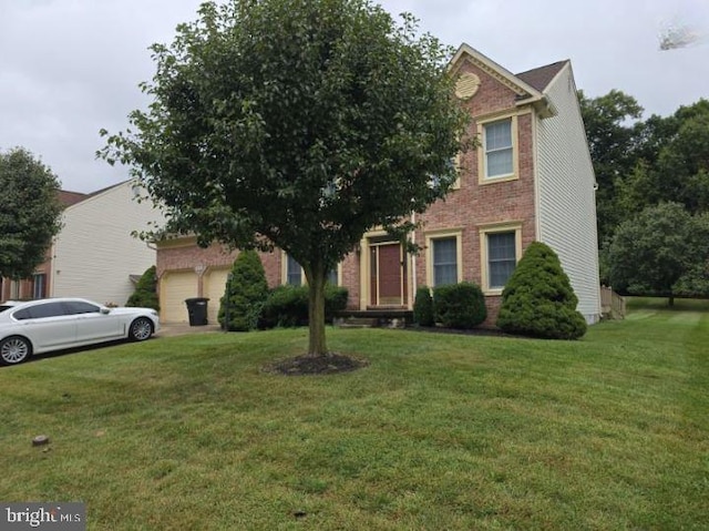 view of property hidden behind natural elements with an attached garage, brick siding, and a front yard