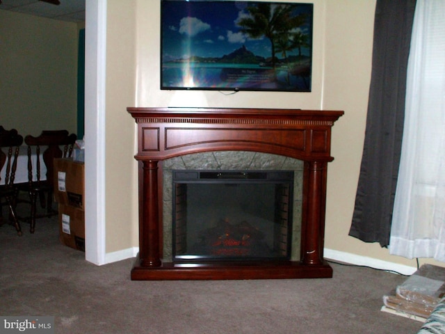 details with carpet floors and a high end fireplace