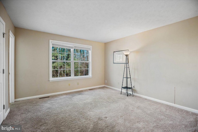 empty room with a textured ceiling and light carpet