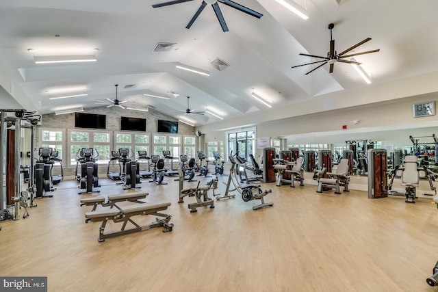 gym with high vaulted ceiling, ceiling fan, light wood-type flooring, and a wealth of natural light