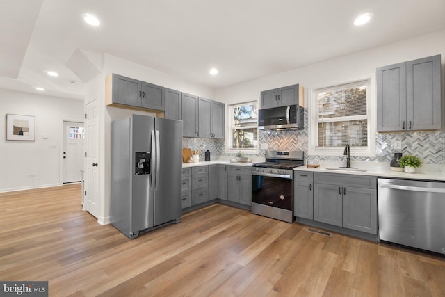 kitchen with gray cabinetry, sink, backsplash, light hardwood / wood-style floors, and appliances with stainless steel finishes