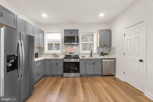 kitchen with appliances with stainless steel finishes, light wood-type flooring, tasteful backsplash, and gray cabinetry