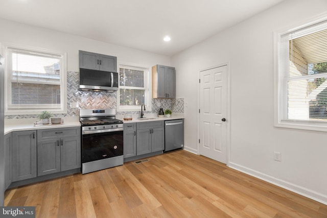 kitchen with gray cabinetry, sink, stainless steel appliances, tasteful backsplash, and light hardwood / wood-style floors