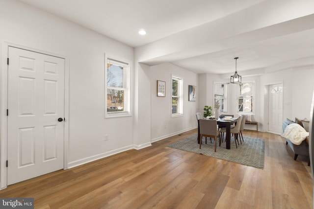 dining room with light hardwood / wood-style floors and an inviting chandelier