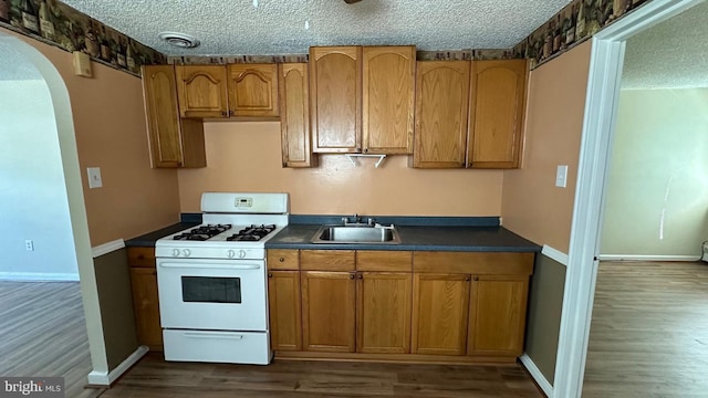 kitchen with white range with gas stovetop, a textured ceiling, dark hardwood / wood-style flooring, and sink