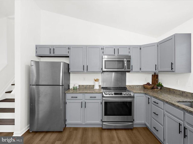 kitchen featuring gray cabinets, dark hardwood / wood-style flooring, lofted ceiling, and appliances with stainless steel finishes