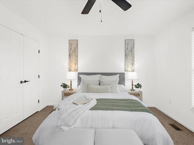 bedroom featuring carpet flooring, a closet, and ceiling fan