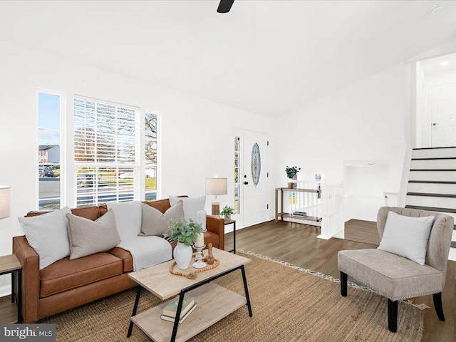 living room with hardwood / wood-style floors and ceiling fan