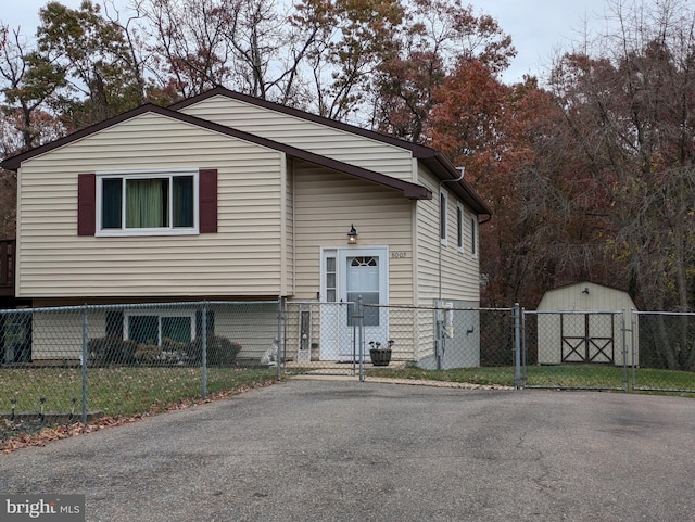 view of front facade with a shed