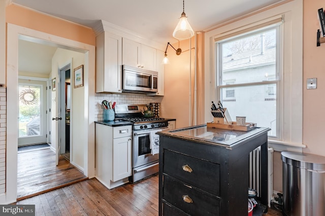 kitchen featuring a center island, hanging light fixtures, dark hardwood / wood-style floors, appliances with stainless steel finishes, and white cabinetry