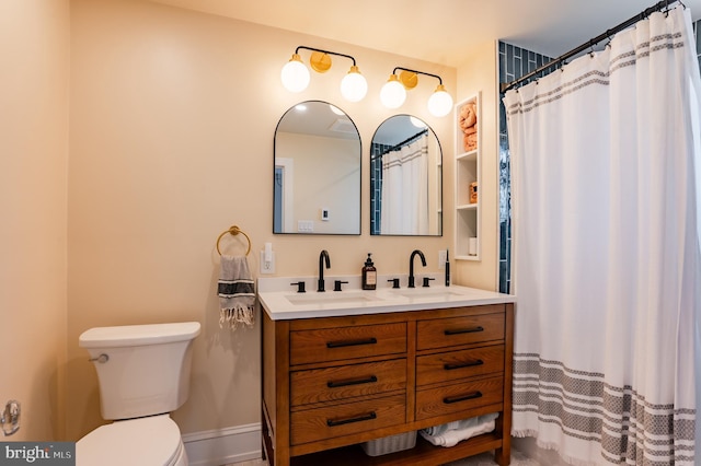 bathroom with a shower with shower curtain, vanity, and toilet