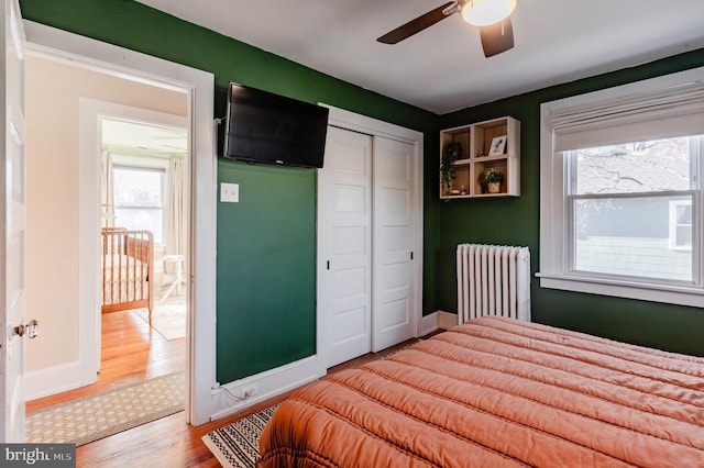 bedroom with radiator, a closet, light hardwood / wood-style floors, and multiple windows