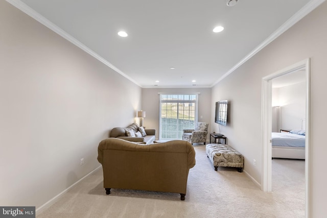 living room featuring crown molding and light carpet