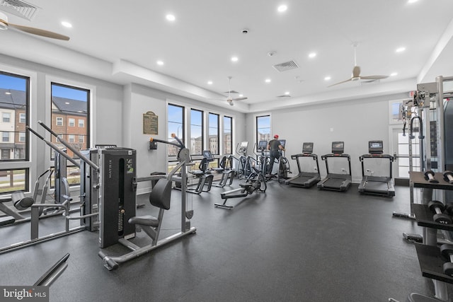 exercise room with ceiling fan and a tray ceiling