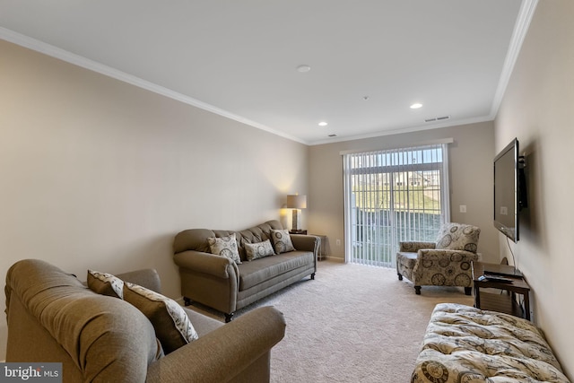 living room featuring light colored carpet and ornamental molding