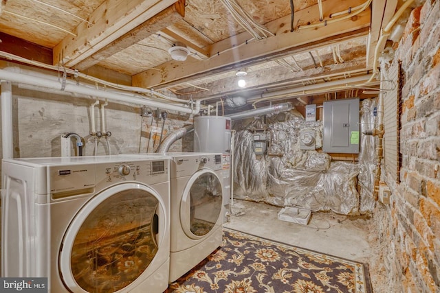 laundry room with electric water heater, electric panel, and separate washer and dryer