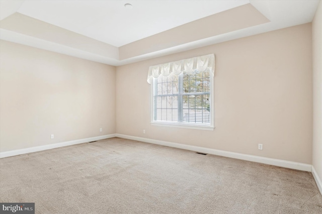 carpeted spare room with a raised ceiling