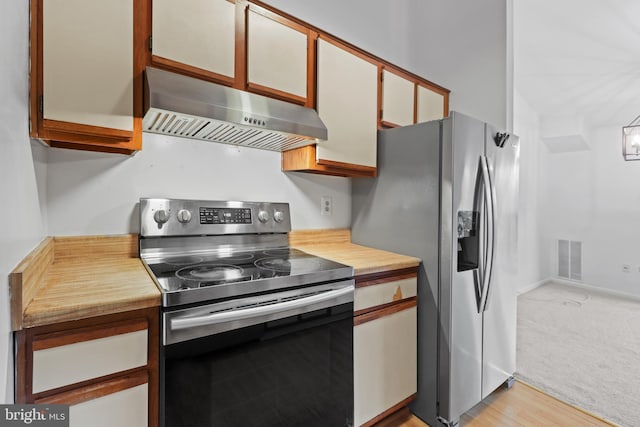 kitchen with light hardwood / wood-style flooring, white cabinets, exhaust hood, and appliances with stainless steel finishes