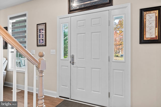 entryway featuring a wealth of natural light and hardwood / wood-style flooring