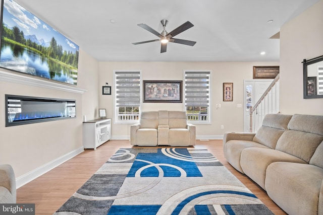 living room featuring ceiling fan and light hardwood / wood-style flooring