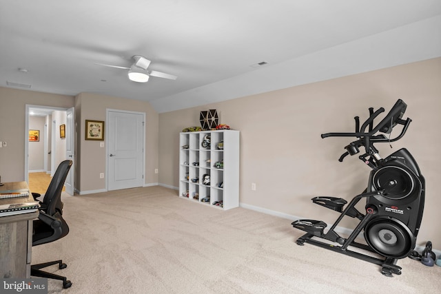 office space with ceiling fan and light colored carpet