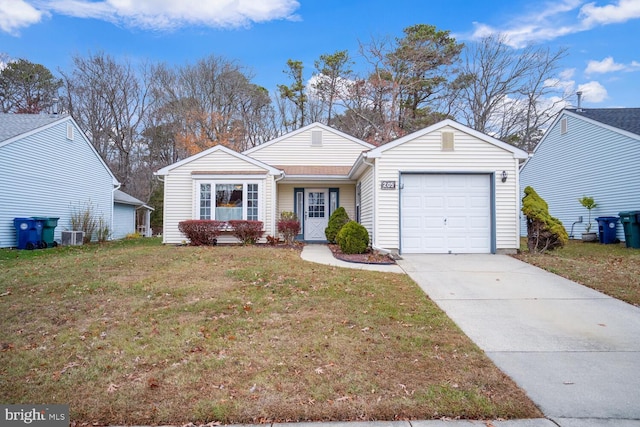 single story home with central AC, a garage, and a front lawn