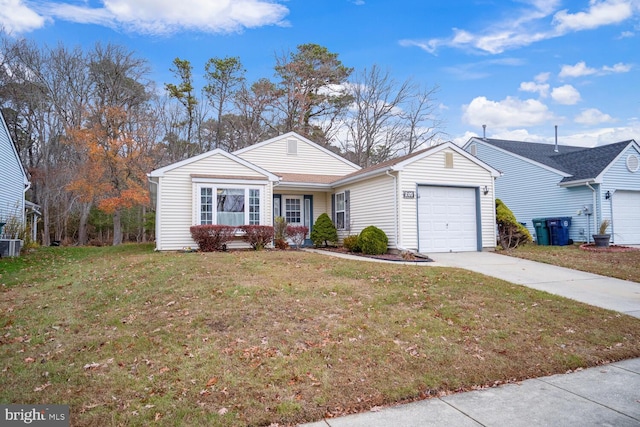 ranch-style house featuring central AC unit, a front yard, and a garage