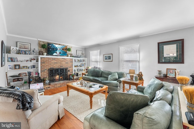 living room featuring hardwood / wood-style flooring, a fireplace, and crown molding