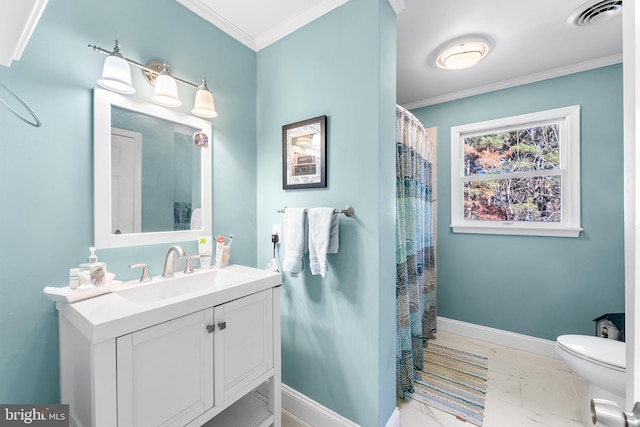 bathroom featuring a shower with curtain, vanity, toilet, and crown molding