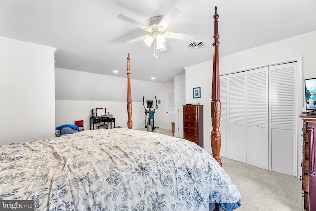 bedroom featuring ornamental molding, light colored carpet, ceiling fan, a closet, and lofted ceiling