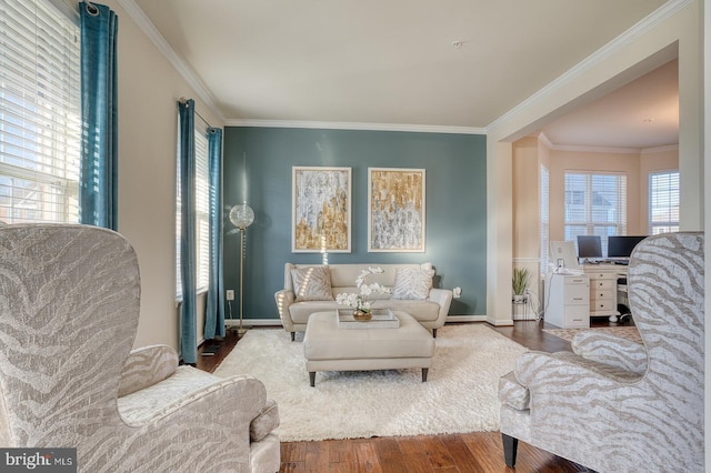 living area with hardwood / wood-style floors and ornamental molding