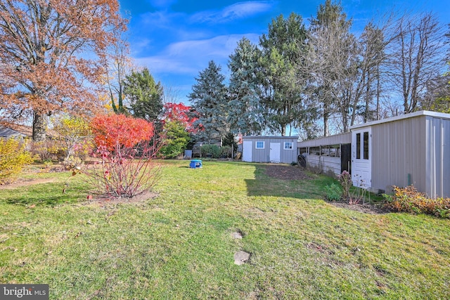 view of yard featuring a storage shed