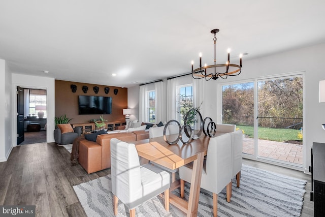 dining space with a chandelier, wood-type flooring, and a wealth of natural light