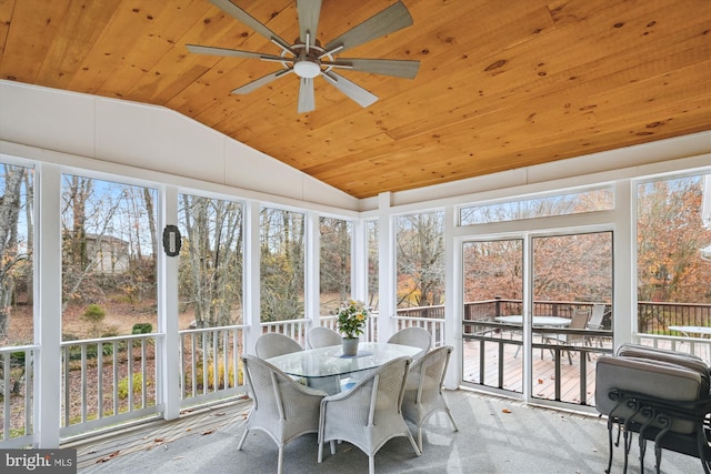 sunroom / solarium with ceiling fan, wooden ceiling, and lofted ceiling