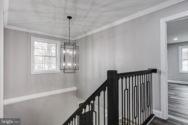 stairs with hardwood / wood-style floors, crown molding, and a notable chandelier