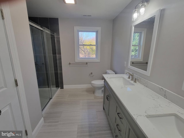 bathroom with vanity, toilet, and walk in shower