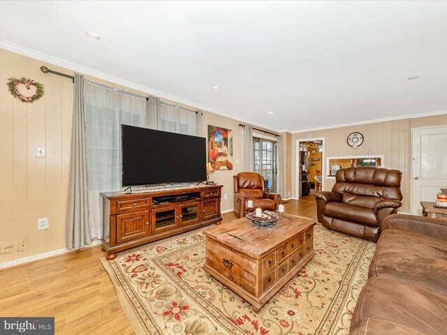 living room featuring crown molding and light hardwood / wood-style floors