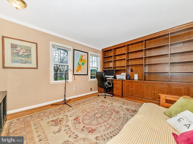 office area featuring crown molding and light hardwood / wood-style flooring