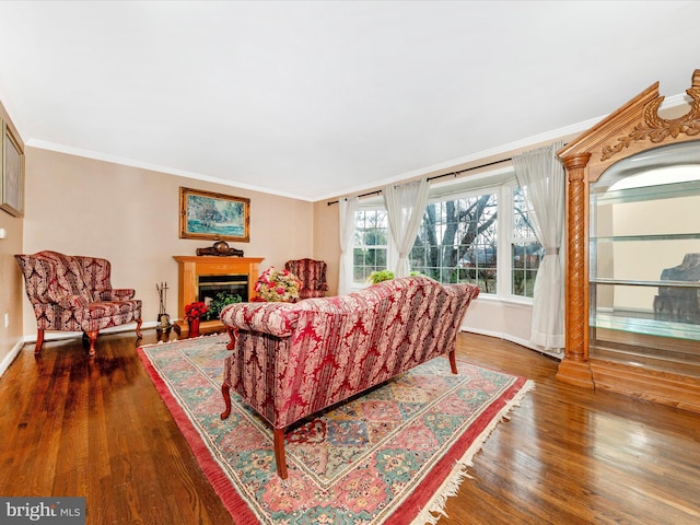 living room with crown molding and dark wood-type flooring