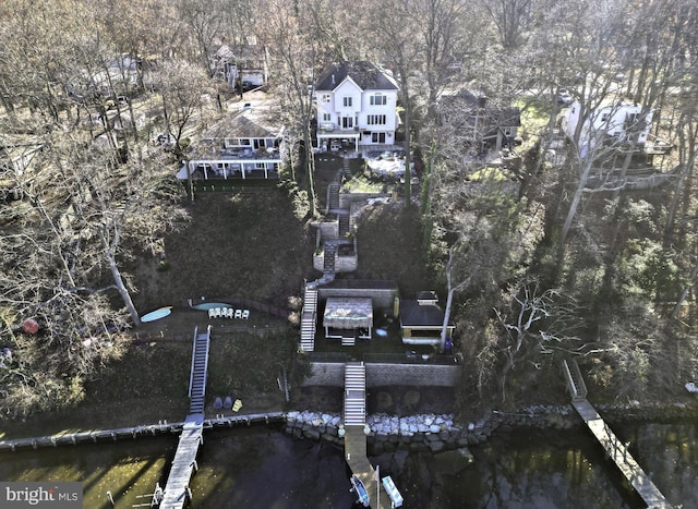 drone / aerial view featuring a water view