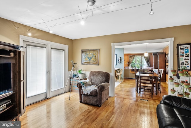 living room featuring light hardwood / wood-style flooring and rail lighting