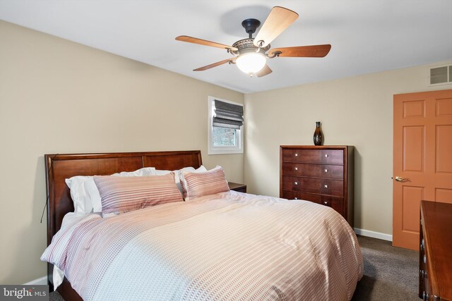 bedroom with ceiling fan and dark carpet