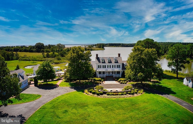 aerial view featuring a water view