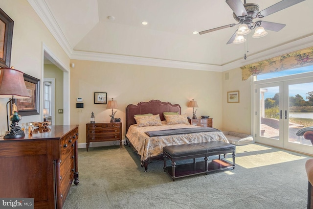 bedroom with ceiling fan, french doors, crown molding, access to outside, and carpet